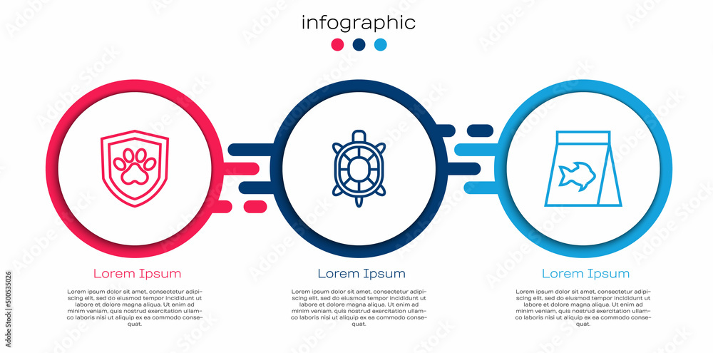 Set line Animal health insurance, Turtle and Food for fish. Business infographic template. Vector