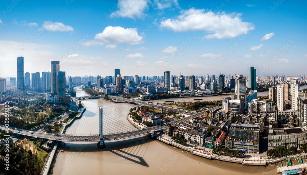 航拍宁波城市建筑景观天际线大幅面