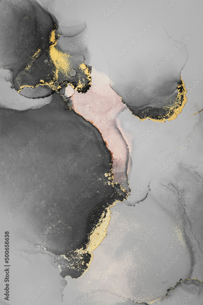 Dark gold abstract background of marble liquid ink art painting on paper . Image of original artwork