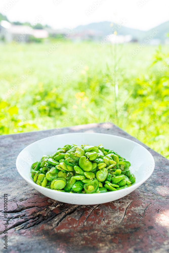 中国湖南当地蔬菜青椒炒蚕豆