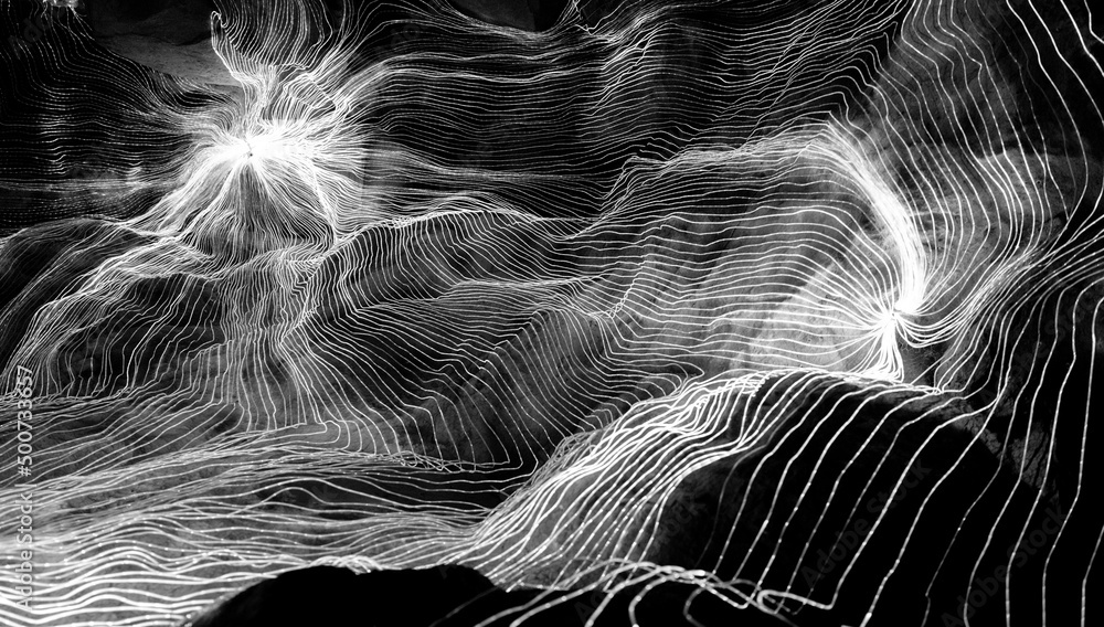 Abstract wave of digital weave lines connecting network dots and dark background . Modern 3D mesh pa