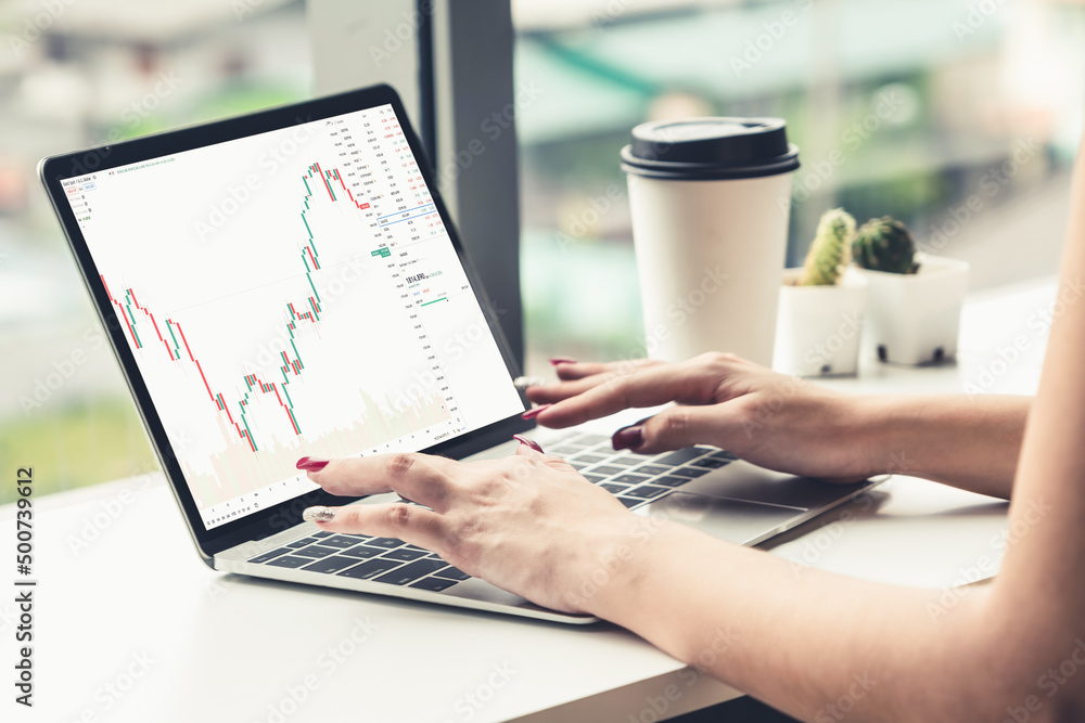 Stock market data chart analysis by ingenious computer software . Investment application display sto