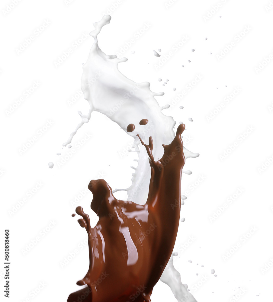 Splashes of hot chocolate and milk isolated on white