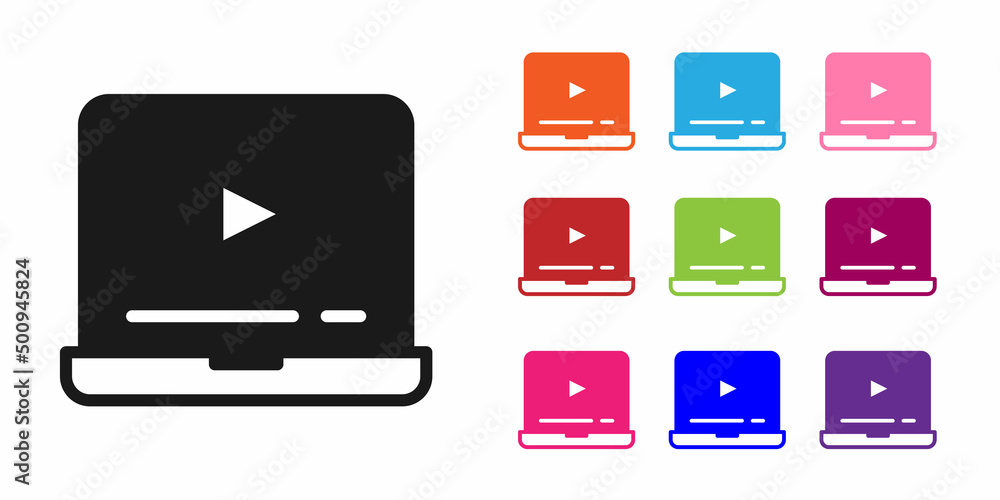 Black Online play video icon isolated on white background. Laptop and film strip with play sign. Set