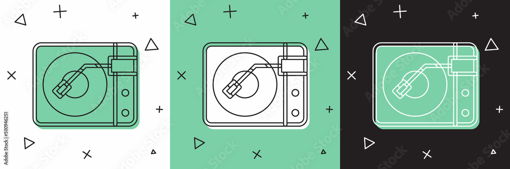 将黑胶唱片播放器设置为在白色和绿色黑色背景上隔离的黑胶唱片图标。矢量