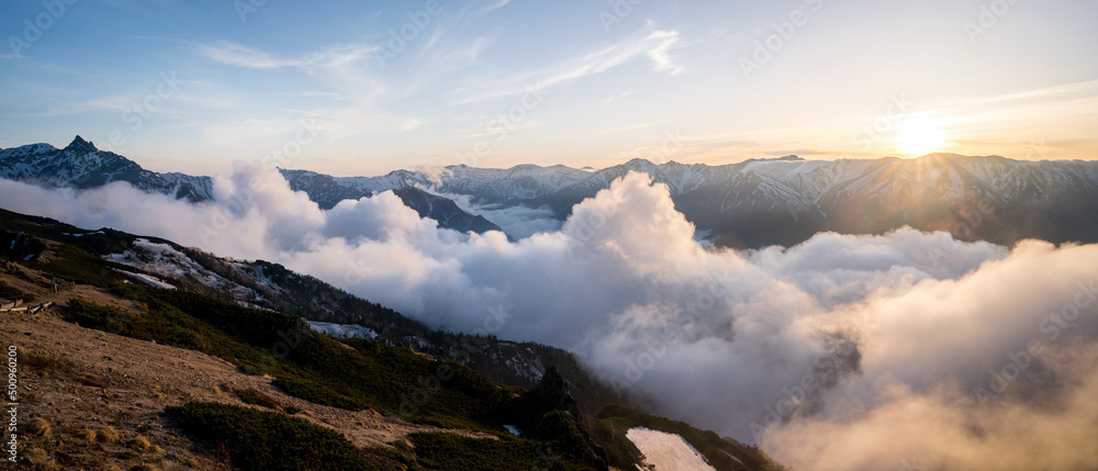 Sea of cloud on top of Mount Tsubakurodake on the Japanese Alps of Nagano, Japan.