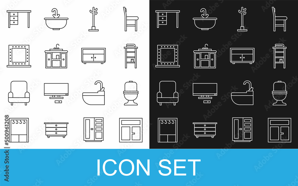 Set line Window in the room, Toilet bowl, Bathroom rack with shelves for towels, Coat stand, Washbas