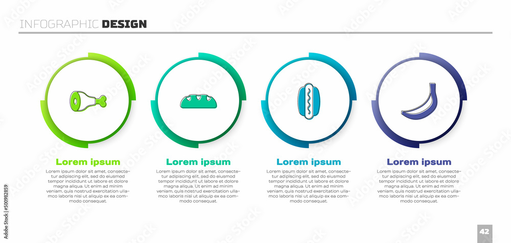 设置鸡腿、面包、热狗和香蕉。商业信息图模板。矢量