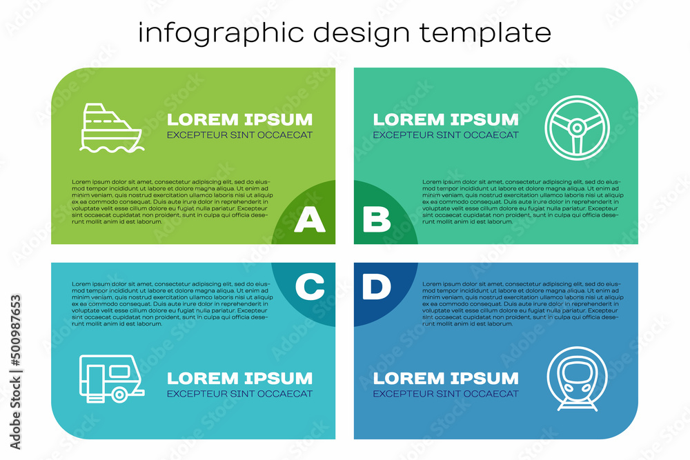 Set line Rv Camping trailer, Cruise ship, Train and railway and Steering wheel. Business infographic