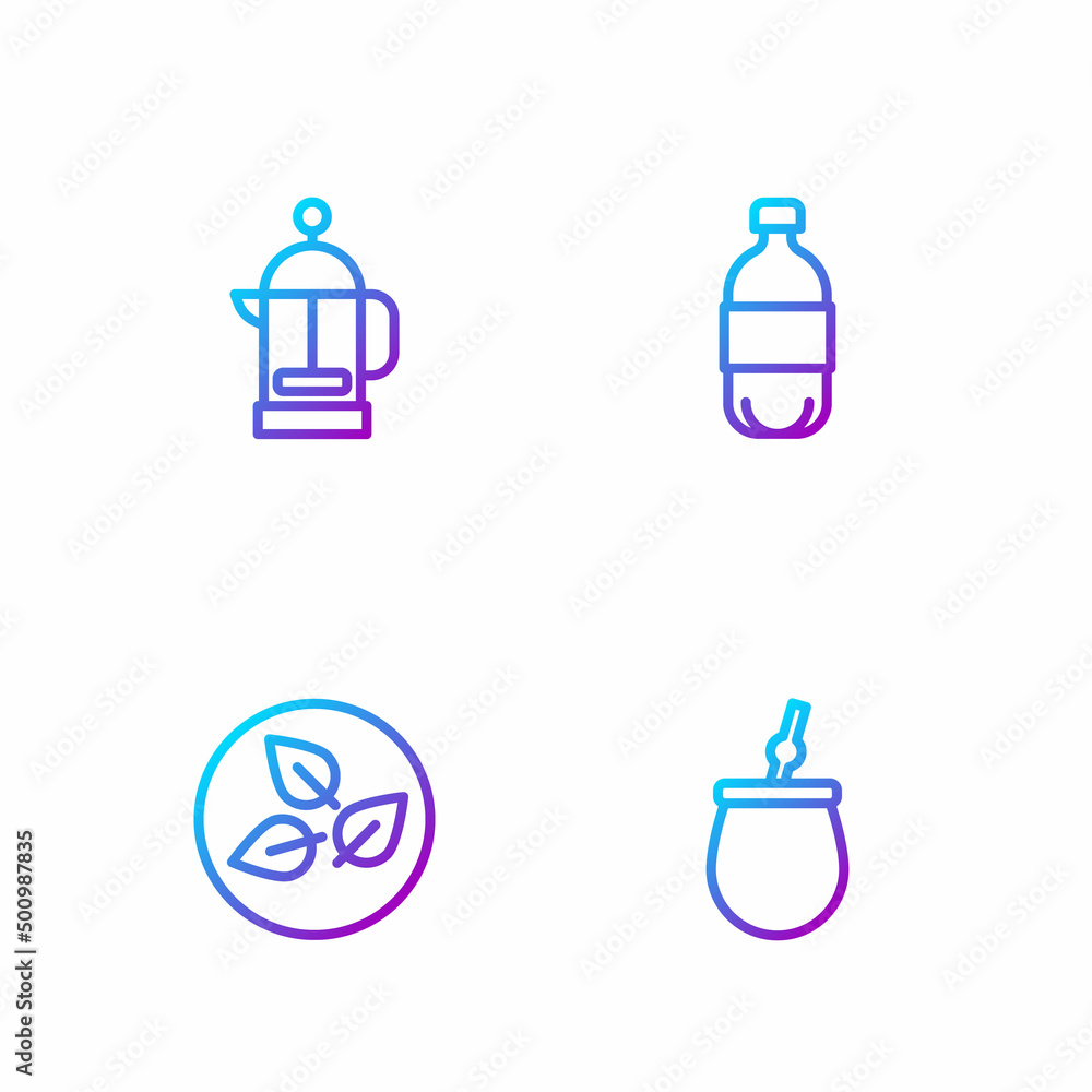 Set line Mate tea, Tea leaf, French press and Bottle of water. Gradient color icons. Vector