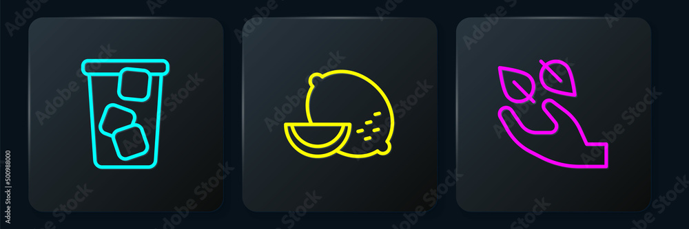 Set line Ice tea, Tea leaf in hand and Lemon. Black square button. Vector