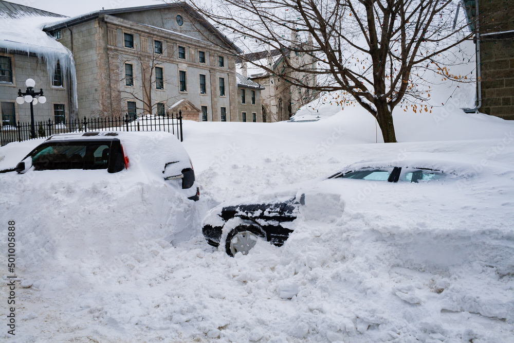 魁北克市的汽车被雪完全覆盖