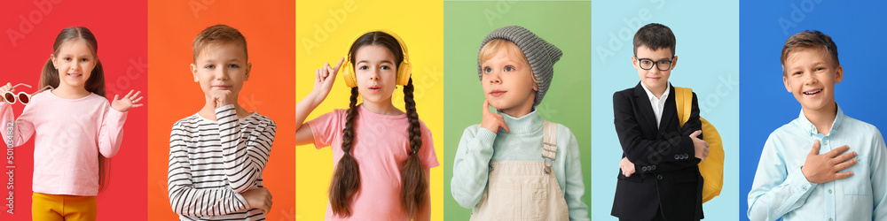 Set of cute funny children on colorful background