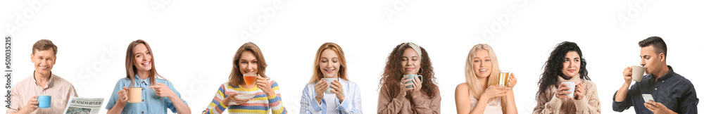 Set of different people drinking hot black tea isolated on white