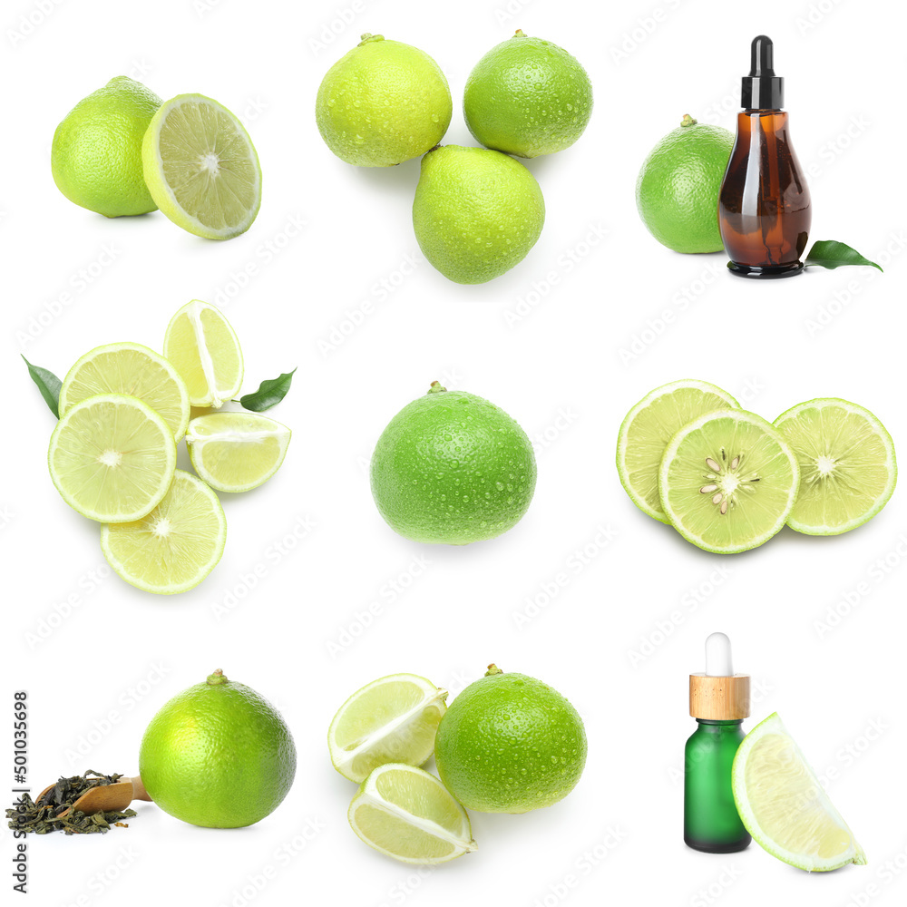 Set of aromatic bergamot fruit, tea and essential oil on white background