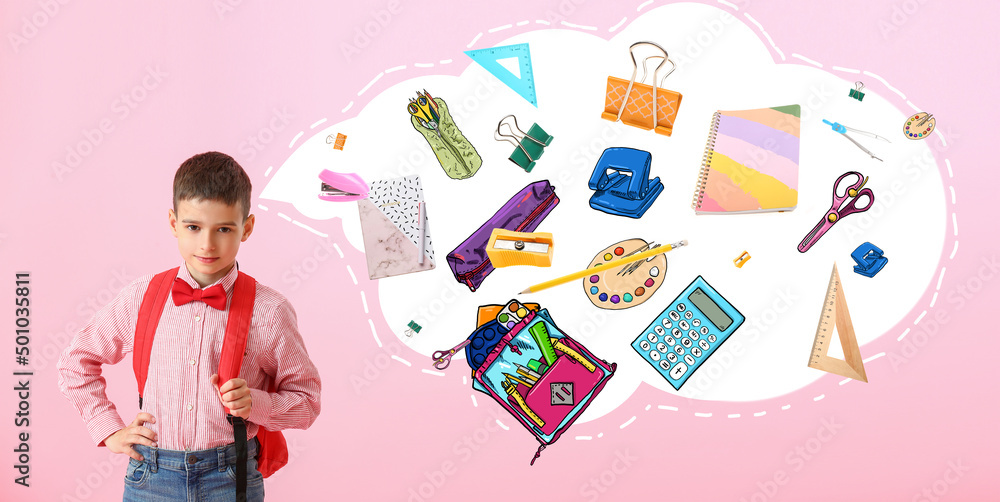 Little schoolboy thinking about different stationery on pink background