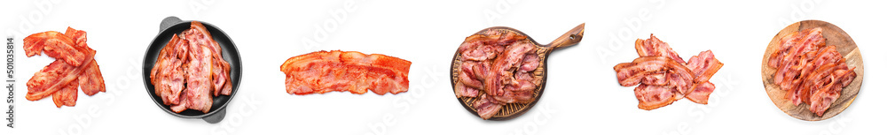 Set of fried bacon rashers on white background