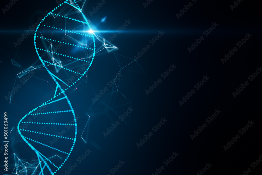 Abstract glowing DNA hologram on dark blue background with mock up place. Science, medicine and biot