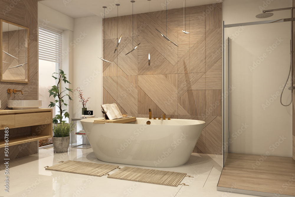 Modern bathroom interior with wooden decor in eco style. 3D Render	