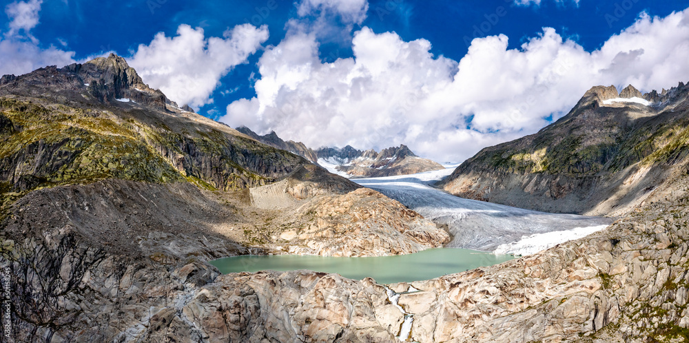 The Rhone Glacier, the source of the Rhone River at Furka Pass in the Swiss Alps