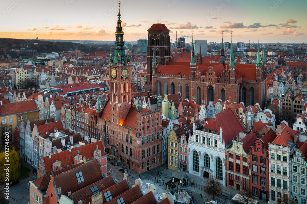 Aerial view of the beautiful Gdansk city at sunset, Poland