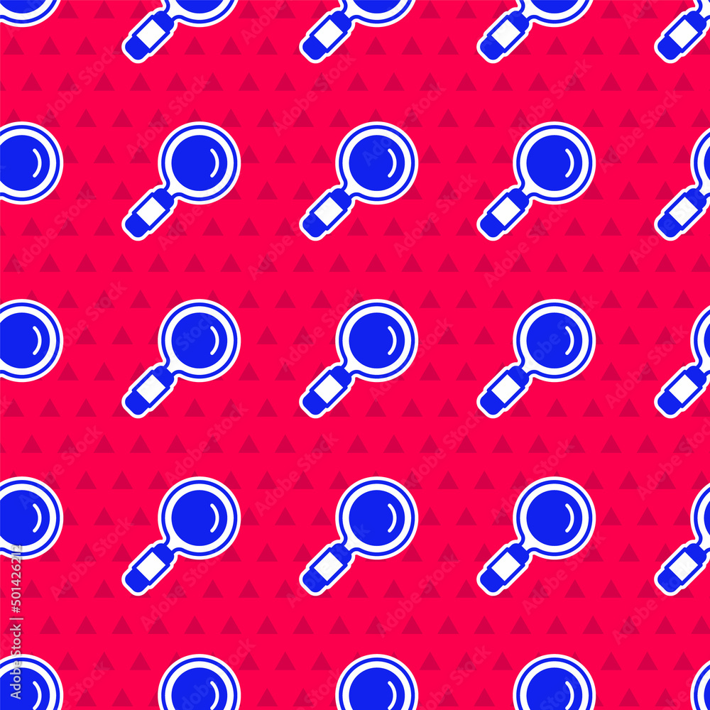 Blue Magnifying glass icon isolated seamless pattern on red background. Search, focus, zoom, busines