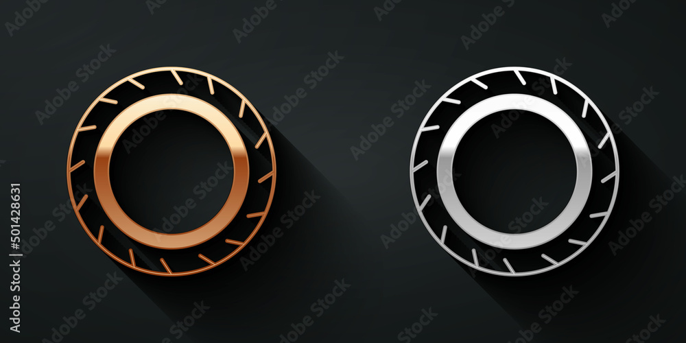 Gold and silver Car tire wheel icon isolated on black background. Long shadow style. Vector