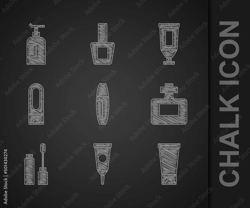 设置睫毛刷、面霜或乳液化妆品管、香水、洗发水瓶和图标。矢量