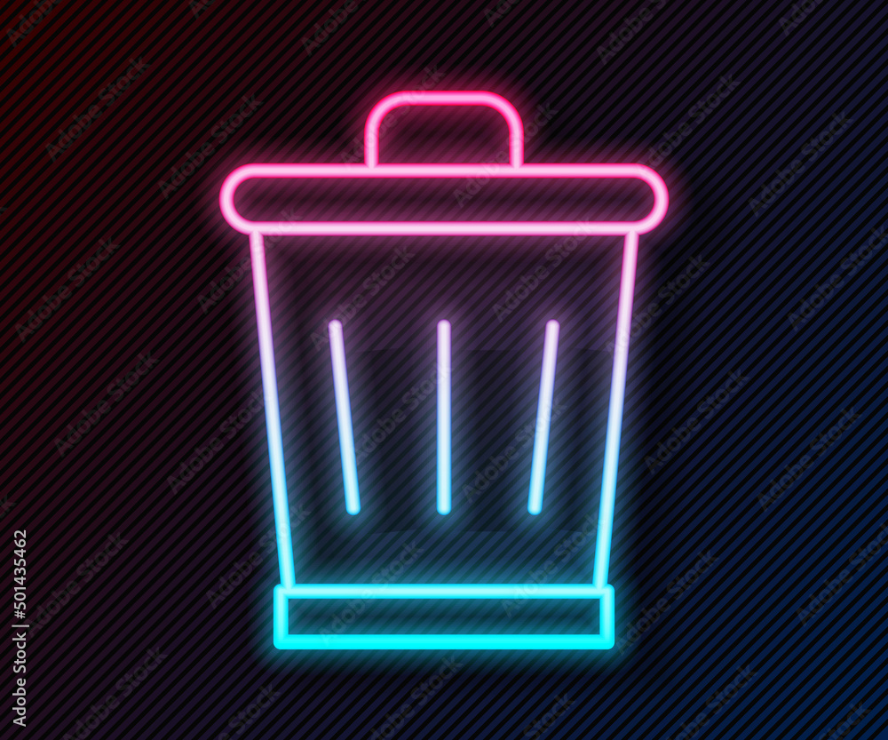 Glowing neon line Trash can icon isolated on black background. Garbage bin sign. Recycle basket icon