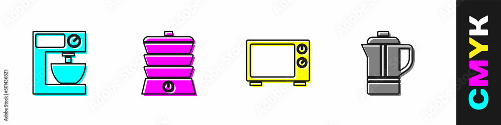 Set Electric mixer, Slow cooker, Microwave oven and Teapot icon. Vector