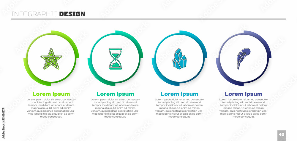 设置五角星、旧沙漏、沙子、魔法石和羽毛笔。商业信息图模板。