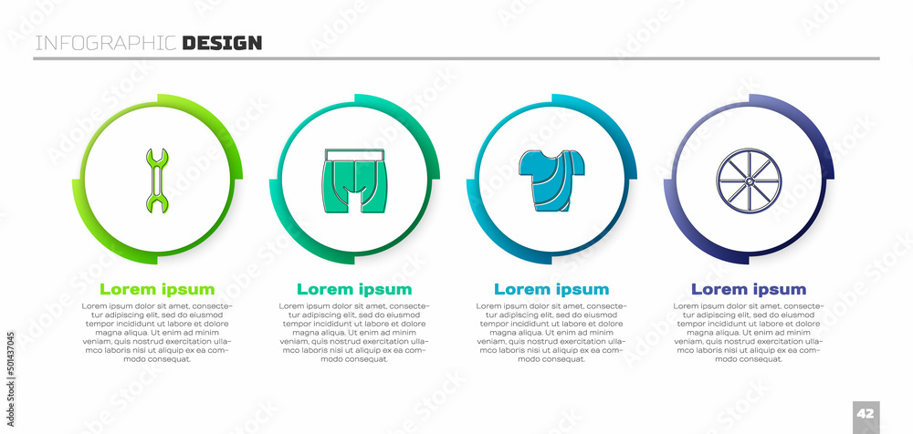套装扳手，骑行短裤，t恤和自行车车轮。商业信息图模板。矢量