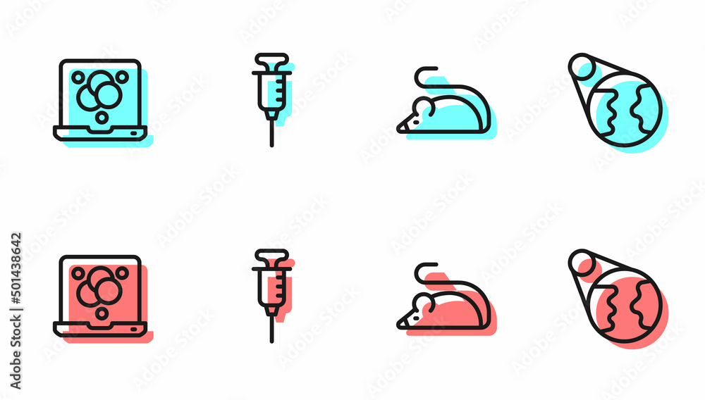 设定线实验鼠标，化学配方，注射器和地球仪图标。矢量