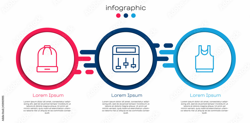 Set line Winter hat, Drum machine music and Undershirt. Business infographic template. Vector