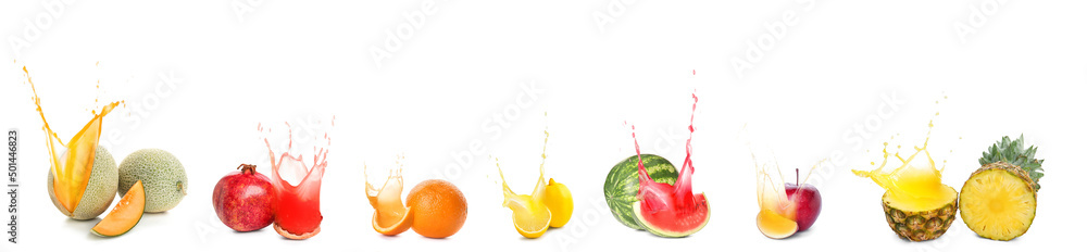 Different ripe fruits with splashes of juice isolated on white