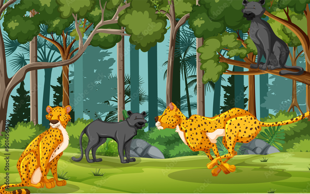 Leopards and black panthers in the forest scene