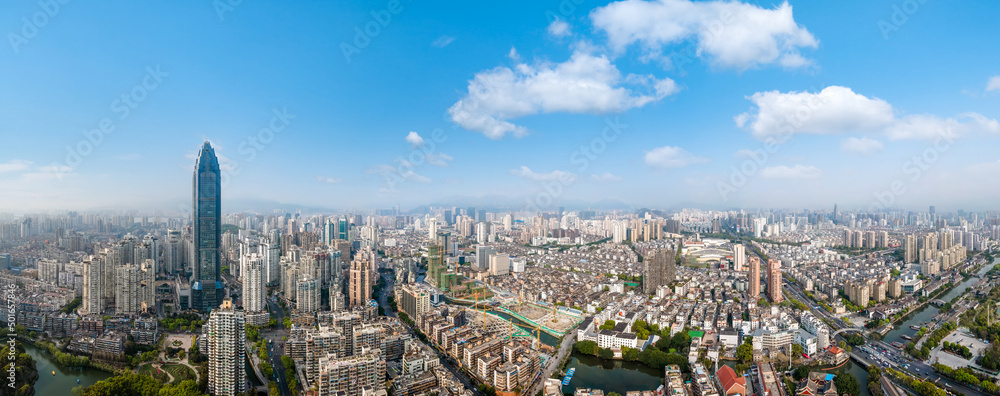 航拍温州城市建筑景观天际线全景图