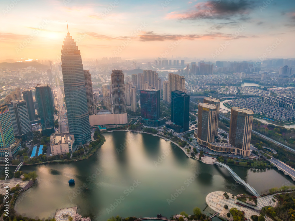 Aerial photography of modern office buildings in the central business district of Shaoxing