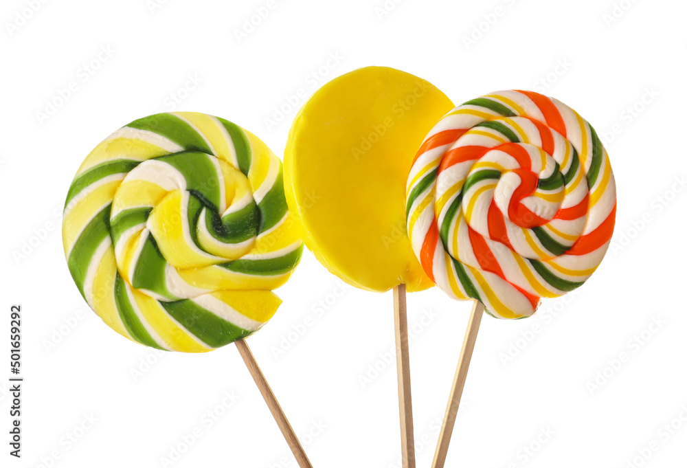 Different lollipops on white background, closeup