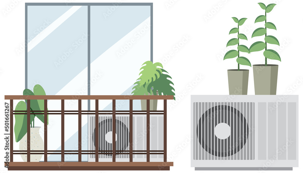 Balcony garden flat  with air conditioner on white background