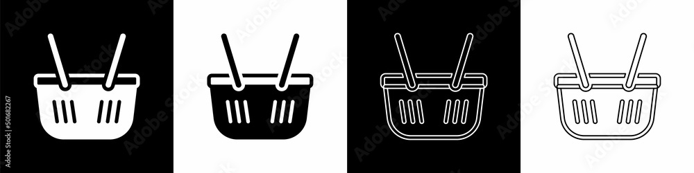 Set Shopping basket icon isolated on black and white background. Online buying concept. Delivery ser