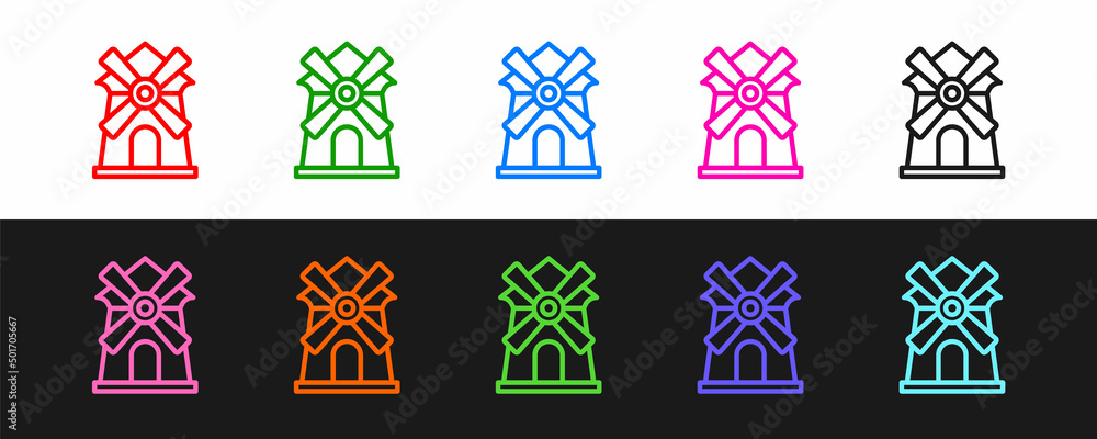 Set line Windmill icon isolated on black and white background. Vector