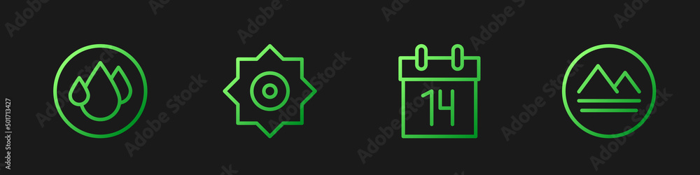 设置线日历、水滴、流星和地球元素。渐变色图标。矢量