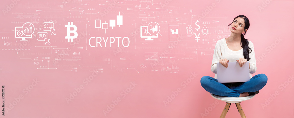 Crypto Trading theme with young woman using a laptop computer