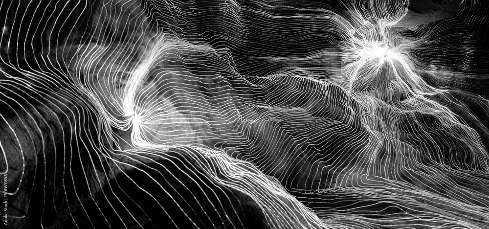 Abstract wave of digital weave lines connecting network dots and dark background . Modern 3D mesh pa