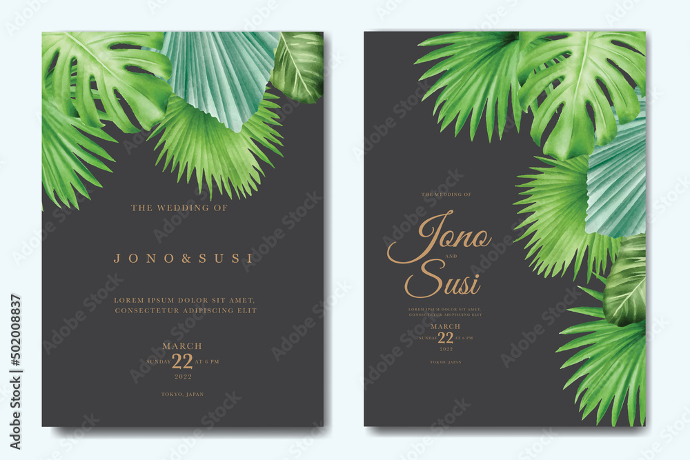 Tropical Leaves watercolor wedding invitation card