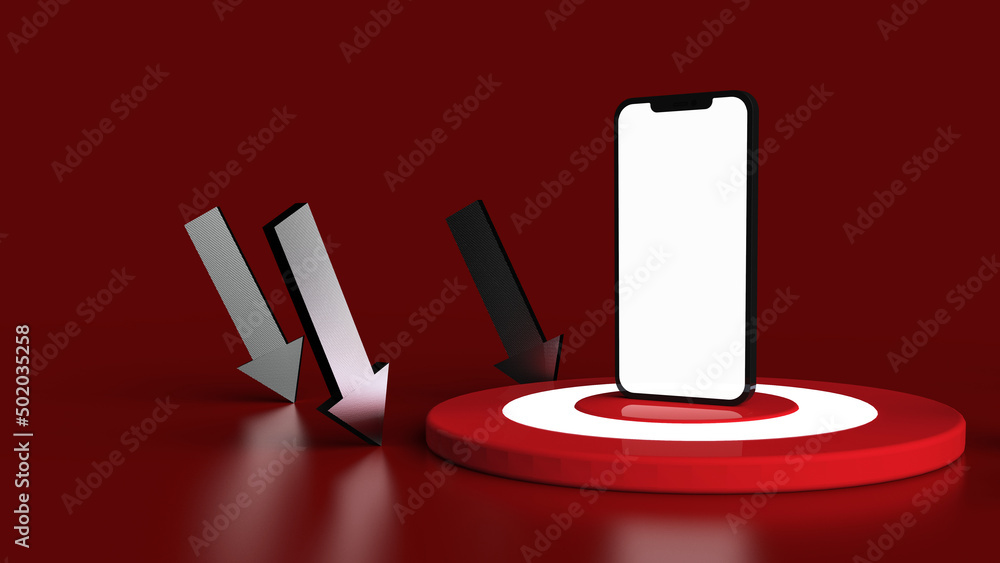 Smartphone on the target in red background. 3D Illustration.