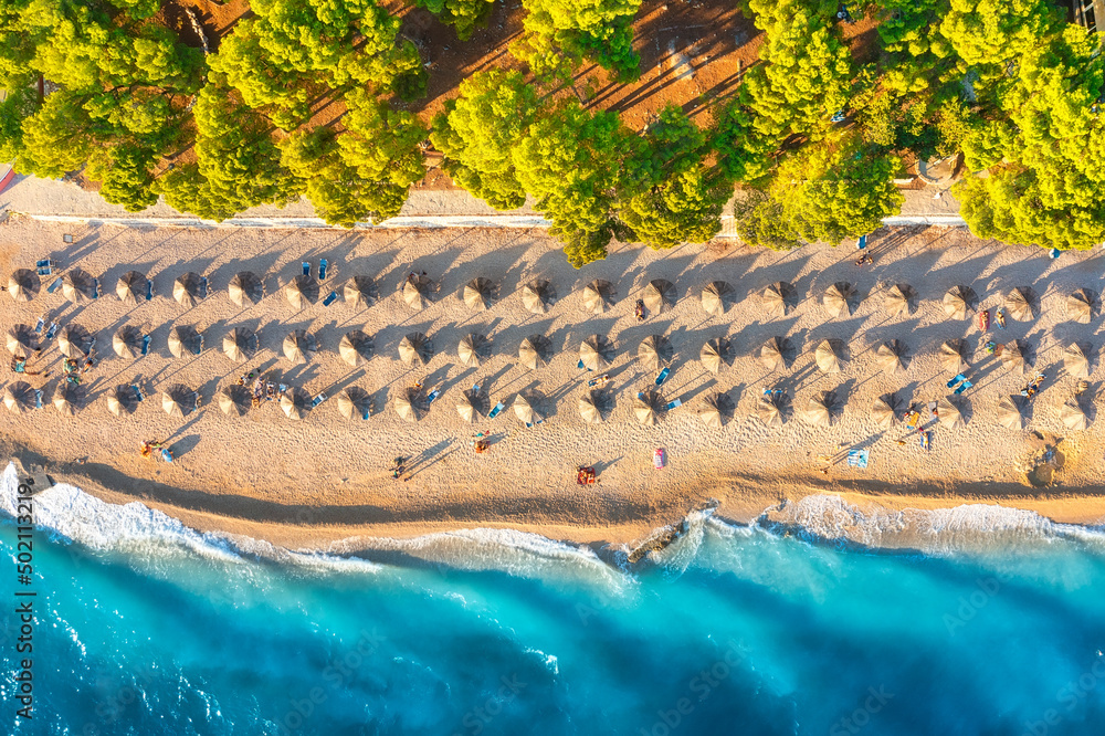 Mediterranean sea. Aerial view on the beach and people. Vacation and adventure. Beach and blue water