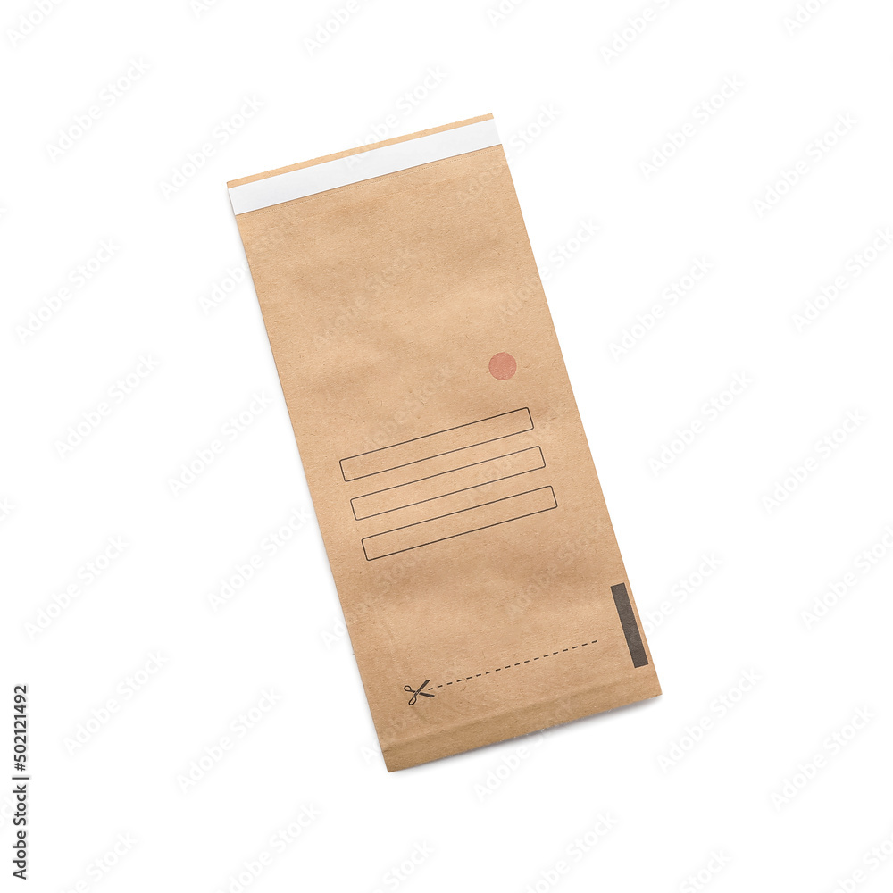 Paper bag for clean manicure tools on white background