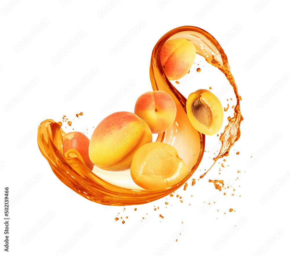 Ripe apricots in splashes of juice isolated on a white background